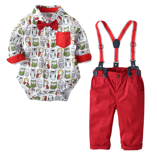 Baby Boys Wedding Romper Clothes Suit with Bow +Red Owl Belt Pants Kids Party Outfits 0-24M Infant Newborn Clothing Set