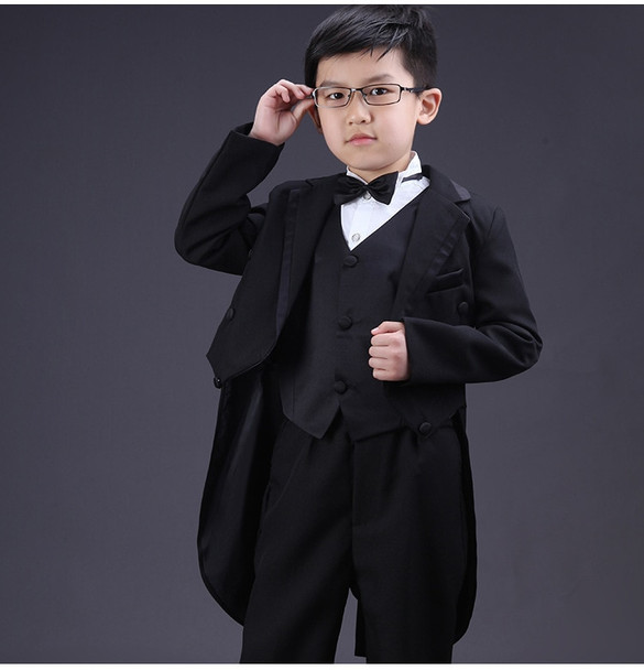 Boys Formal Dress Tuxedo Piano Performance Costume Flower Boy Birthday Wedding Suits 5pcs Jacket + Vest + Shirt + Pant + Tie F60