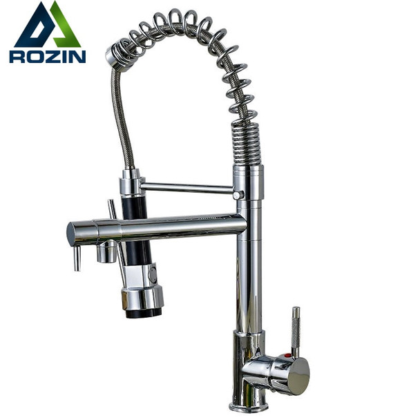 Chrome Spring Pull Down Kitchen Faucet Dual Spouts 360 Swivel Handheld Shower Kitchen Mixer Crane Hot  Cold 2 Outlet Spring Taps