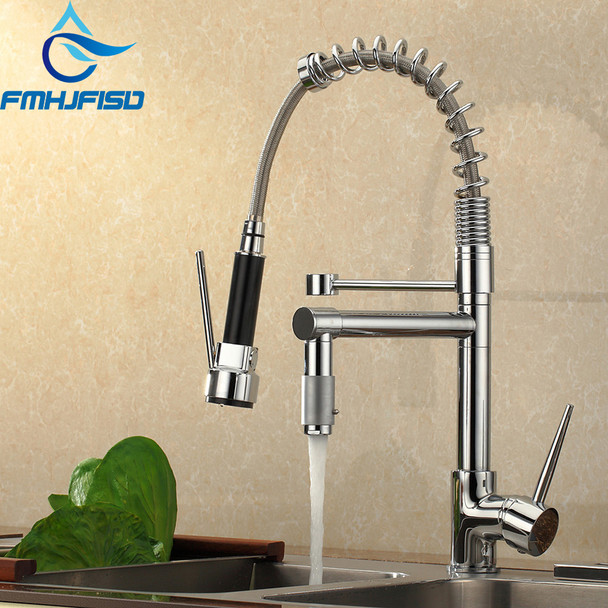 Chrome Finish Spring Kitchen Faucet Dual Spout Kitchen Sink Faucets Single Handle Deck Mounted Mixer Tap Hot and Cold Water