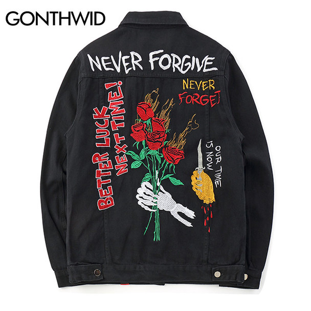 GONTHWID Embroidery Rose Skull Denim Jackets Men 2018 Autumn Fashion Casual Cotton Jean Jacket Coats Male Hip Hop Streetwear