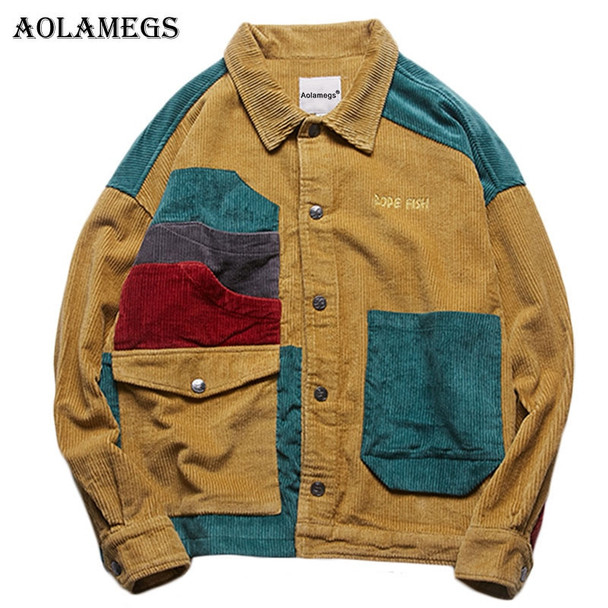 Aolamegs Jacket Men Corduroy Patchwork Men's Jacket Pockets High Street Fashion Casual Outwear Men Coat 2018 Autumn Streetwear