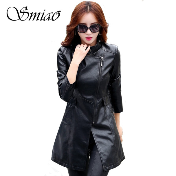 Smiao 2018 Autumn Female Leather Jacket Winter Plus Size 5XL Long Coat Female Zipper PU Faux Leather Outwear Women's Windbreak 