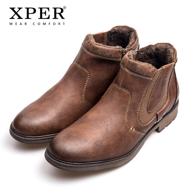 XPER Brand Fashion Leather Chelsea Boots Men Winter Autumn Shoes Retro Fur Zipper Ankle Boots Plus Size Waterproof #XHY12506BR