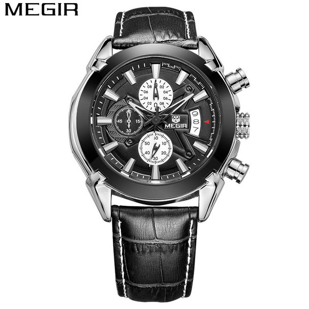 MEGIR Chronograph Function Mens Watches Genuine Leather Luxury Mens Military Wristwatches