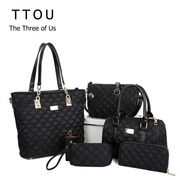 TTOU Women Fashion Diamond Lattice Handbag Set 6pcs Patchwork Composite Bag Female  Vintage Shoulder Bag Casual Tote Oxford Bag