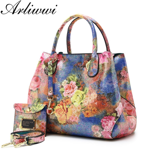 Arliwwi Brand Luxury Shiny Rainbow Color Floral Designer Tote Bags For Women High Quality PU Leather Female Handbags 