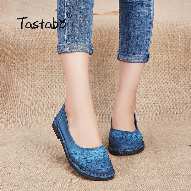 Tastabo Genuine Leather Shoes Fashion Loafers Women Shoes Handmade Soft Comfortable Flat Weave Solid Casual Shoes Women Flats