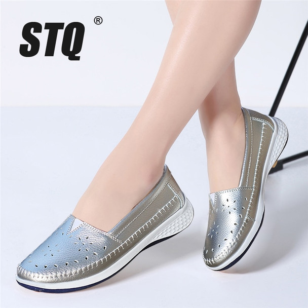 STQ 2018 Autumn women ballet flats leather loafers cutout sliver white black walking Shoes Woman Slip On loafers boat shoes 7685