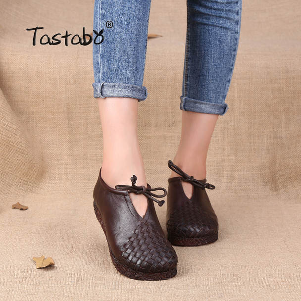  Tastabo Women Flat Shoes Lace Up Moccasins Mother Soft Genuine Leather Ladies Shoes Handmade Flats Black Casual Women Shoes 