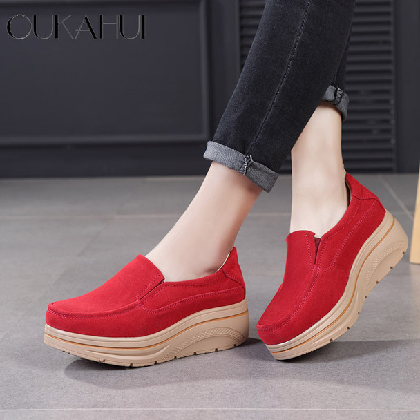 OUKAHUI Autumn Genuine Leather Flat Platform Shoes Women Shake Silp-On 2018 Thick Fashion Increase Height Casual Shoes Women New