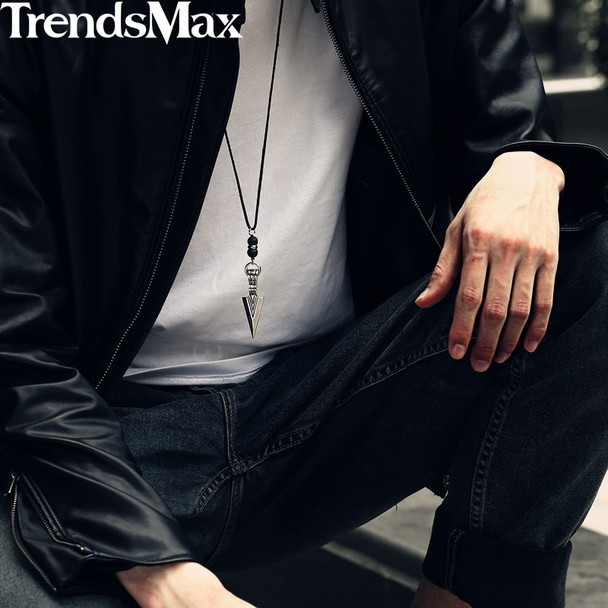 Men's Necklace Stainless Steel Arrow Pendant Lava Bead 2018 Long Leather Necklace For Men 32inch Punk Jewelry Dropshipping KDN11
