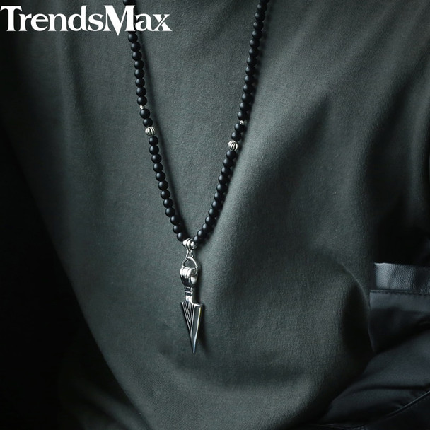 Men's Neckalce Silver Stainless Steel Arrow Pendant Matte Black Glass Beaded Necklace Male Jewelry Dropshipping Wholesale DNM07