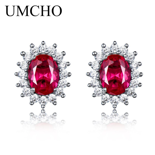 UMCHO Luxury 925 sterling silver earrings Created Ruby Stud Earrings For Women Bridal Wedding Party Jewelry Brand Fine Jewelry