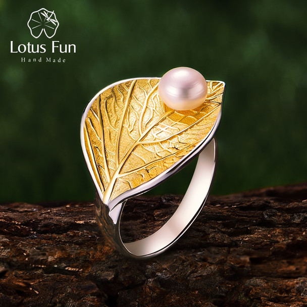 Lotus Fun Real 925 Sterling Silver Natural Pearl Handmade Designer Fine Jewelry Creative Open Ring Leaf Rings for Women Bijoux