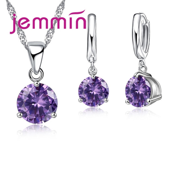 Jemmin New Arrival 8 Colour AAA Crystal Jewelry Set 925 Sterling Silver Earring Necklace Set Women Girls Party Three-Claw Gift