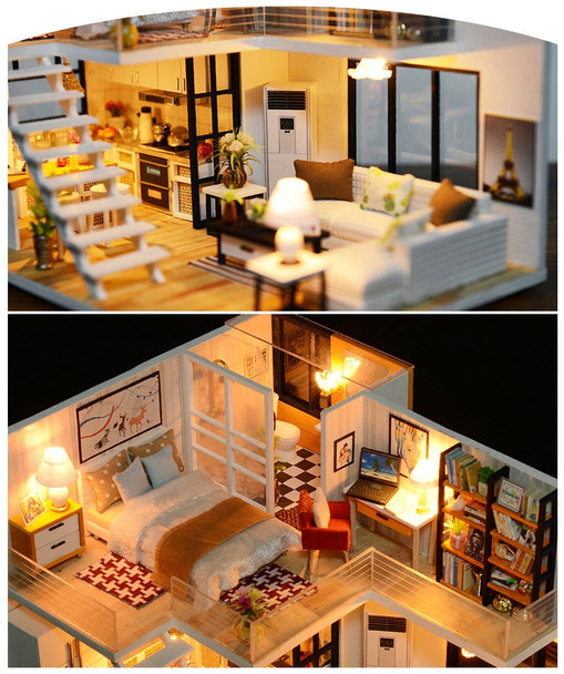 Assemble  DIY Wooden House Toy Wooden Miniatura Doll Houses Miniature Dollhouse toys With Furniture LED Lights Birthday Gift Assemble  DIY Wooden House Toy Wooden Miniatura Doll Houses Miniature Dollhouse toys With Furniture LED Lights Birthday Gift