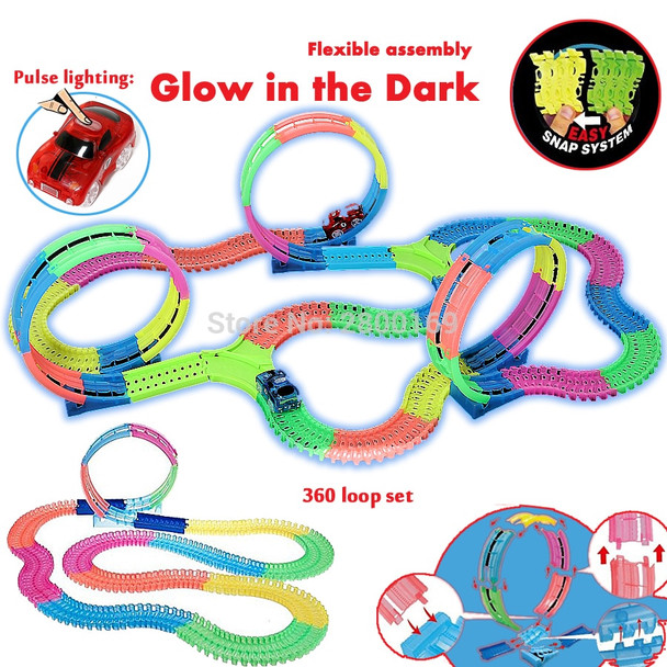 Twister Tracks Bend Flex 360 Loop Glow in the Dark DIY Assembly Luminous Toy Slot Race Track Toy Car with 5 LED Flashing Lights