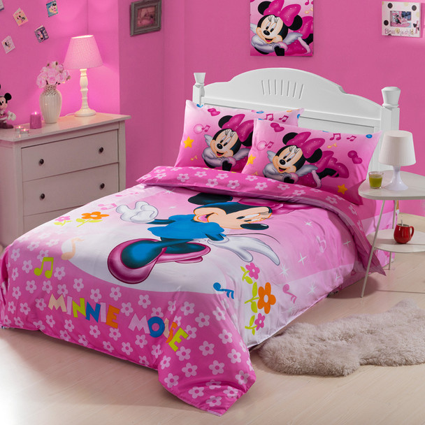 New high quality home children bedding set of Minnie, 2 pillow case, 1 bed sheet and 1 duvet cover