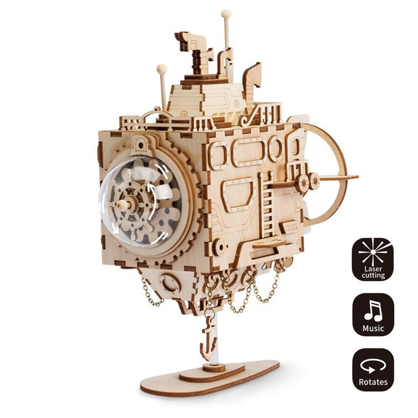 Robotime Creative DIY 3D Steampunk Submarine Wooden Puzzle Game Assembly Music Box Toy Gift for Children Teens Adult AM680