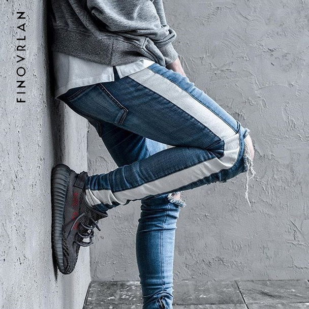 KANYE WEST Fear of god Knee Hole Side Zipper Slim Distressed Jeans Men justin bieber Ripped tore up Jeans For Men stripe pants