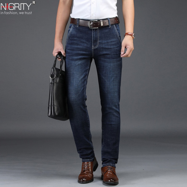 NIGRITY 2018 Men Jeans Business Casual Straight Slim Fit Blue Jeans Stretch Denim Pants Trousers Classic JEAN8933 Big Size 29-42