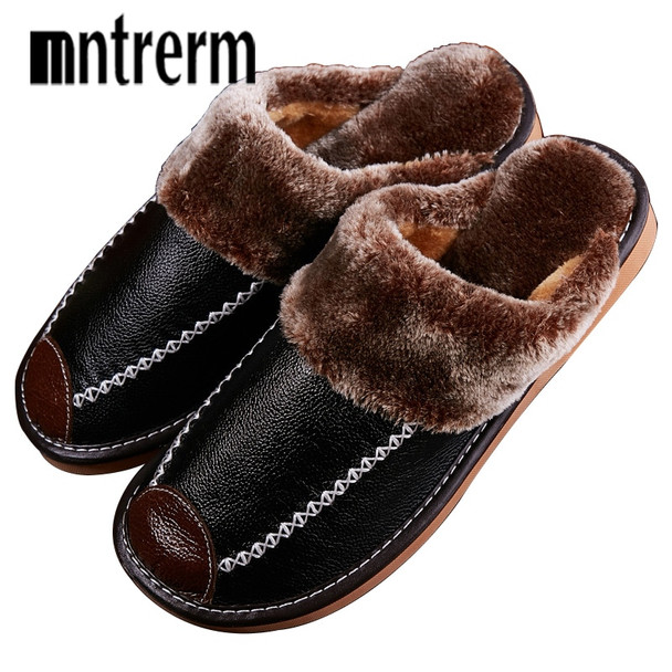 Mntrerm Winter Men's Slippers Genuine Leather Home Indoor Non-Slip Thermal Shoes Men 2018 New Warm Winter Slippers Plus Size 