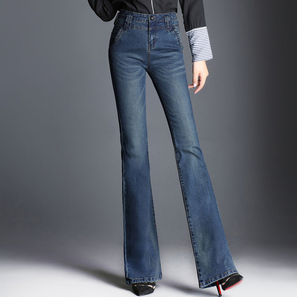 2018 New Women Boot Cut Jeans Long Stretch Blue Wide Leg Zipper Washed Retro Trousers For Autumn Winter Flare Jeans Big Size