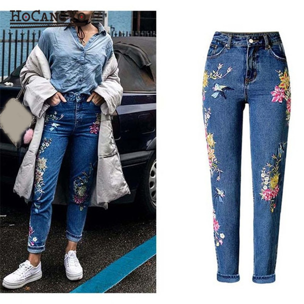 HCYO Women Embroidery Jeans High Waist Slim Straight Jeans Trousers Plus Size Womens Casual Inelastic Cotton Denim Pants Jeans
