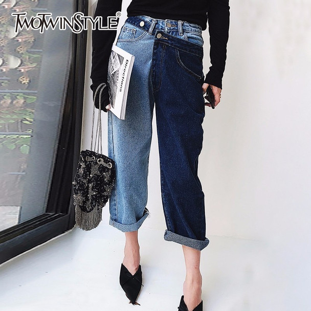TWOTWINSTYLE Patchwork Jeans For Women High Waist Irregular Large Size Summer Denim Long Trousers 2018 Fashion Harajuku Clothing