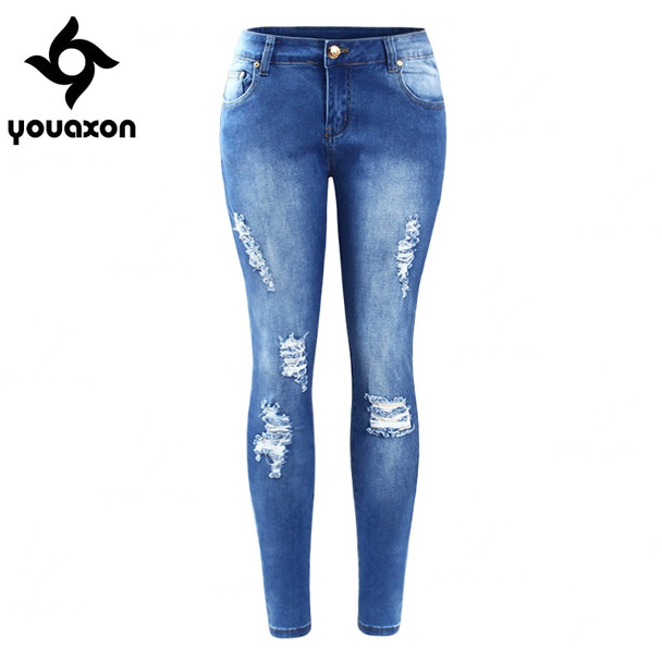 2016 Youaxon Plus Size Ripped Fading Jeans Women`s True Denim Skinny Distressed Jeans For Women Jean Pencil Pants