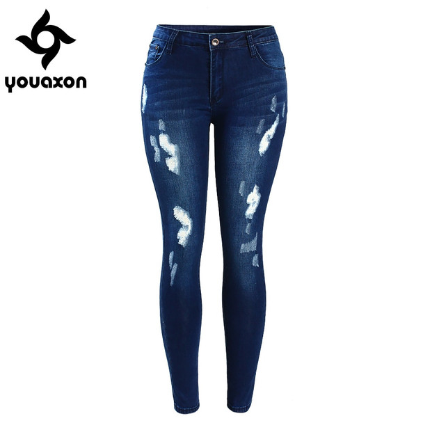 2053 Youaxon Women`s Fashion Mid Waist Stretch Fading Blue Ripped Slim Denim Pants Jeans For Women