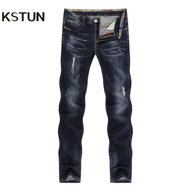 KSTUN Men's Jeans Ripped Striaght Slim Thick Dark Blue Elasticity Painted Soft Biker Jeans High Street Distressed Cowboys Pants