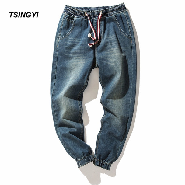 Tsingyi Denim Stretch Elastic Waist Jeans Men Blue Cargo Drawstring Harem Jeans Homme 100% Cotton Plus Size Full Length Pants 