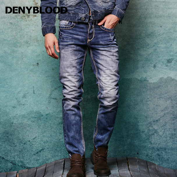 Thick Stitch Mens Distressed Jeans Ripped 3D Crinkle Whiskers Male Fashion Denim Cargo Pants Vintage Washed Casual Pants 146038C