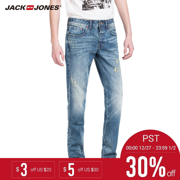 JACK&amp;JONES Brand 2018 NEW younger  mid-waist straight casual full length zipper fly fashion distressed hole men jeans|215132012