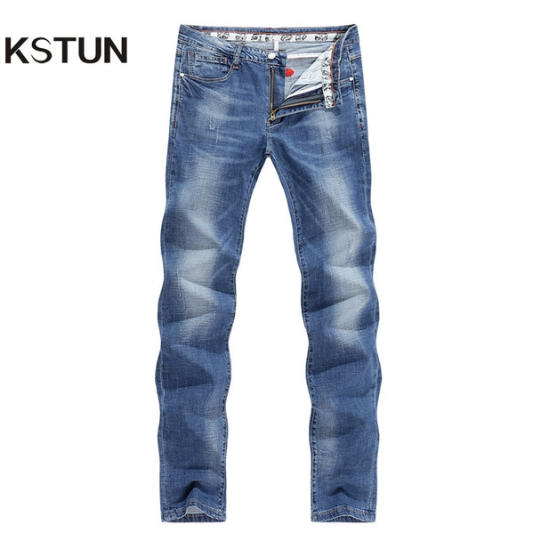 KSTUN Men's Summer Jeans Light Blue High Elasticity Soft Fashion Pockets Designer Straight Slim Business Casual Male Denim Pants