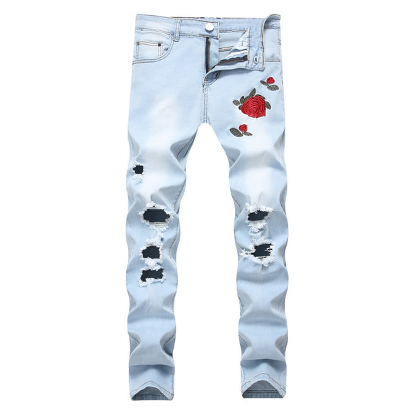 Ripped Jeans with Embroidery Men with Flowers Rose Embroidered Men's Denim Jeans Stretch Skinny Push Size 40 42 Jeans Pants 