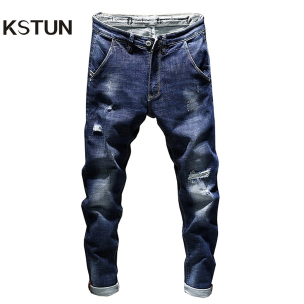 KSTUN Jeans Men 2018 Brand Summer Stretch Biker Ripped Rock Pants Blue Slim Fit Tapered Torn Distressed Students Joggers roupas