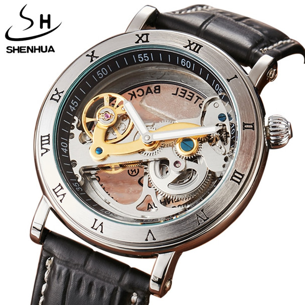 Men Automatic Watch Luxury Brand Roman Sculpture Dial Leather Band Mechanical Skeleton Transparent Leather Wristwatches Men Gift