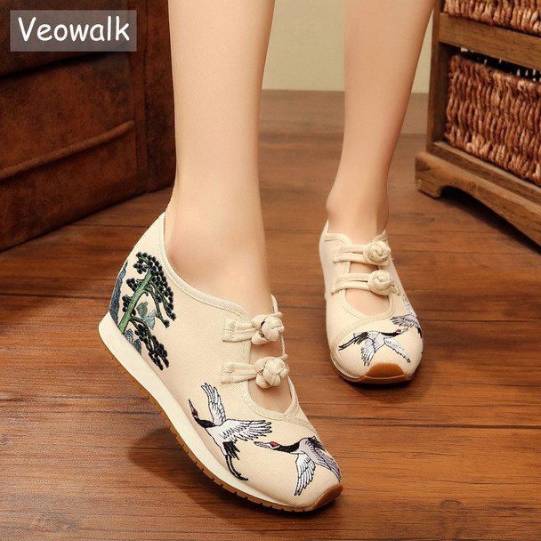 Veowalk New Crane Embroidered Women Casual Canvas Flat Platforms Retro Ladies Comfort Denim Cotton Embroidery Sneakers Shoes