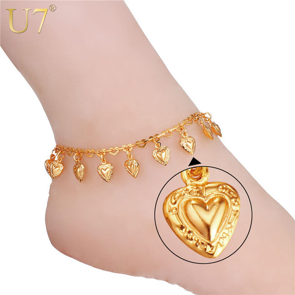U7 Heart Charms Ankle Bracelet On Leg Gold Color Summer Jewelry Wholesale Anklet Bracelet Foot Jewelry For Women Gift A318