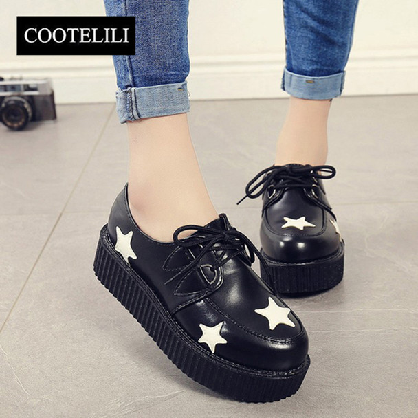 COOTELILI 35-39 Spring Solid Casual Women Shoes Flat Platform Lace-Up Creepers Ladies Shoes Round Toe Girls Shoes Plus Size40 41