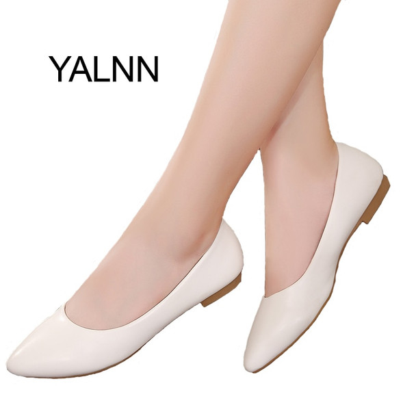 YALNN 2019 New Women Shoes Flat Leather Platform Heels Shoes White Women Pointed Toe Leather Girl Flats Shoes 