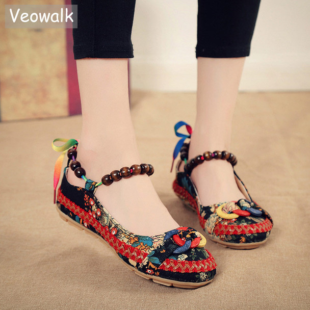 Veowalk Beaded Strap Women's Canvas Ballet Flats Colourful Back Lace up Handmade Fashion Ladies Floral Cotton Fabric Shoes 