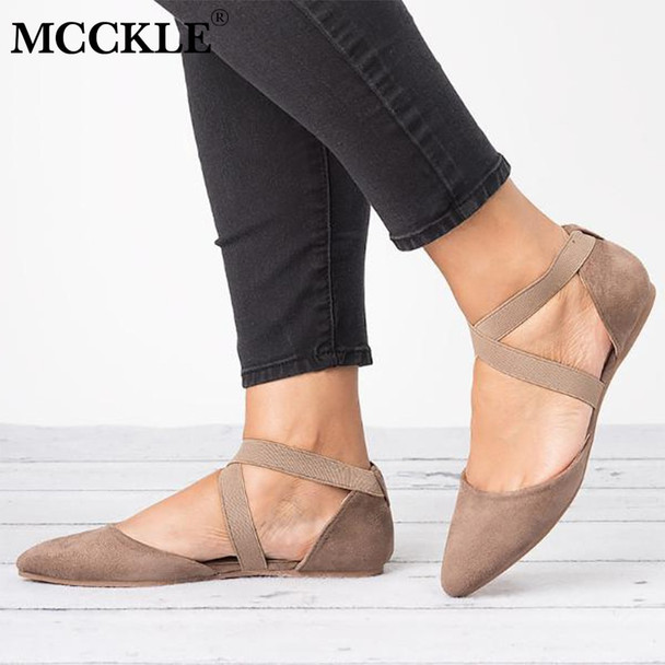 MCCKLE Autumn Flat Shoes Sexy Cross Strap Low Heel Plus Size Ballet Flats Elastic Band Female Casual Pointed Toe Single Shoe 