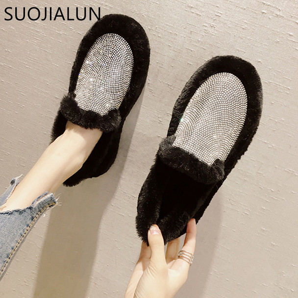 SUOJIALUN Warm Women Flats Shoes 2018 Winter Snow Fur Loafers Fashion Bling Crystal Slip On Comfort Casual Flat Woman Loafers