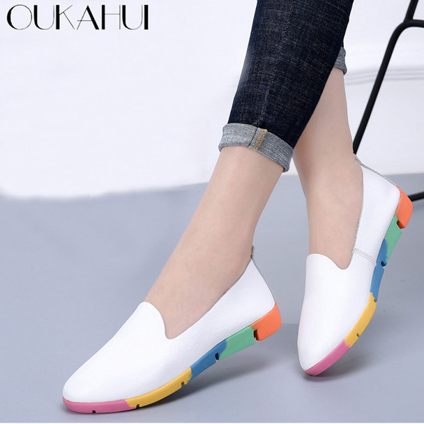 OUKAHUI Summer Design Fashion Genuine Leather Flat 2018 Loafers Shoes Women Leather Soft Colorful Pointed Toe Flats Woman Shoes 