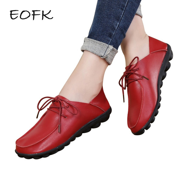 EOFK 2018 Spring Autumn Shoes Woman Genuine Leather Shoes Women Flats Casual Soft Comfortable Red Shoes Zapatos Mujer 
