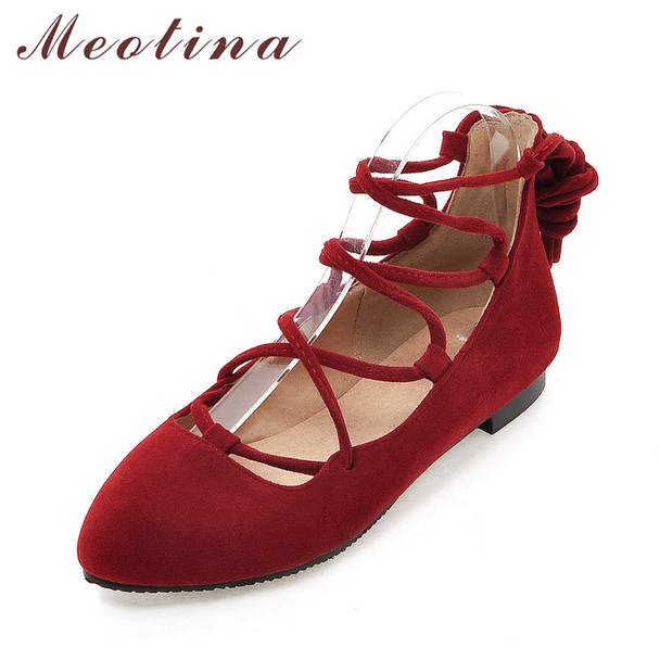 Meotina Women Shoes Ladies Flat Shoes Pointed Toe Ballerina Flats Gladiator Shoes Cutout Lace Up Footwear Red Big Size 10 42 43